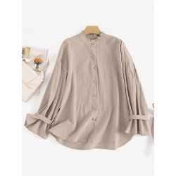 Solid Bell Sleeve Ruffle Trim Stand Collar Blouse