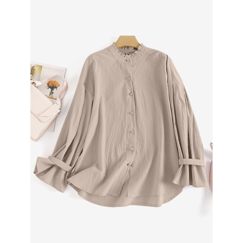 Solid Bell Sleeve Ruffle Trim Stand Collar Blouse