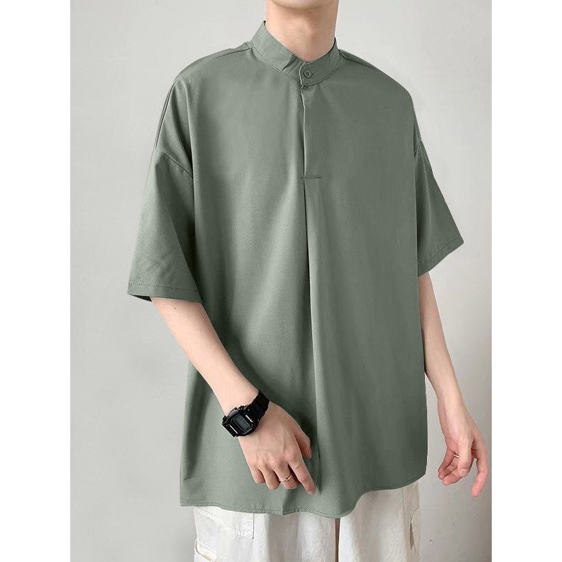Mens Solid Stand Collar Casual Short Sleeve Henley Shirt