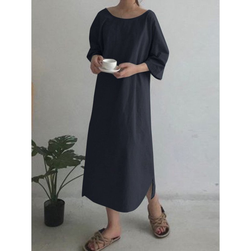 Solid Slit Hem 3/4 Sleeve Crew Neck Dress