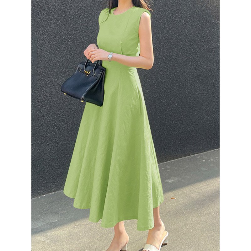 Solid Sleeveless A-line Swing Crew Neck Women Dress