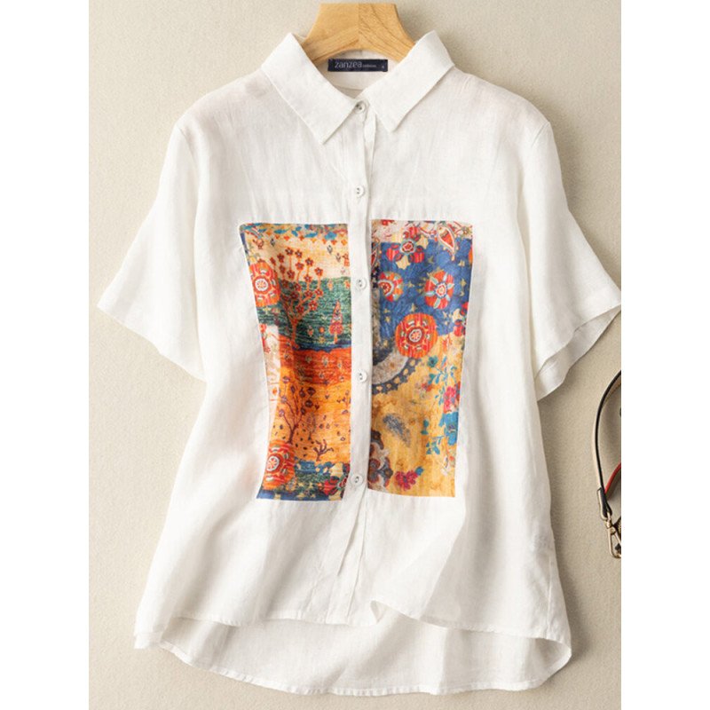 Flower Painted Loose Lapel Short Sleeve Casual Shirt