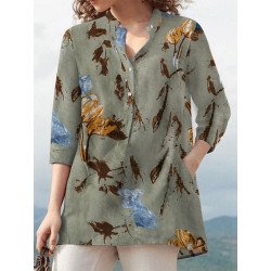 Plants Print Pocket Button Stand Collar 3/4 Sleeve Blouse