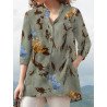 Plants Print Pocket Button Stand Collar 3/4 Sleeve Blouse
