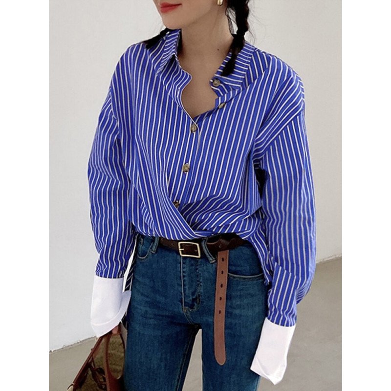 Contrast Stripe Button Long Sleeve Lapel Loose Blouse
