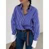 Contrast Stripe Button Long Sleeve Lapel Loose Blouse