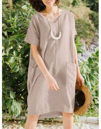 Solid Short Sleeve Pocket V-neck Dress For Women