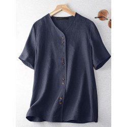 Solid Button Front Short Sleeve V-neck Casual Blouse