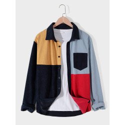 Mens Color Block Patchwork Corduroy Casual Long Sleeve Shirts