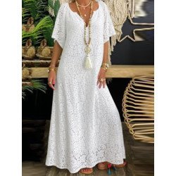 Women Lace Notched Neck Lined Half Sleeve Maxi Dress