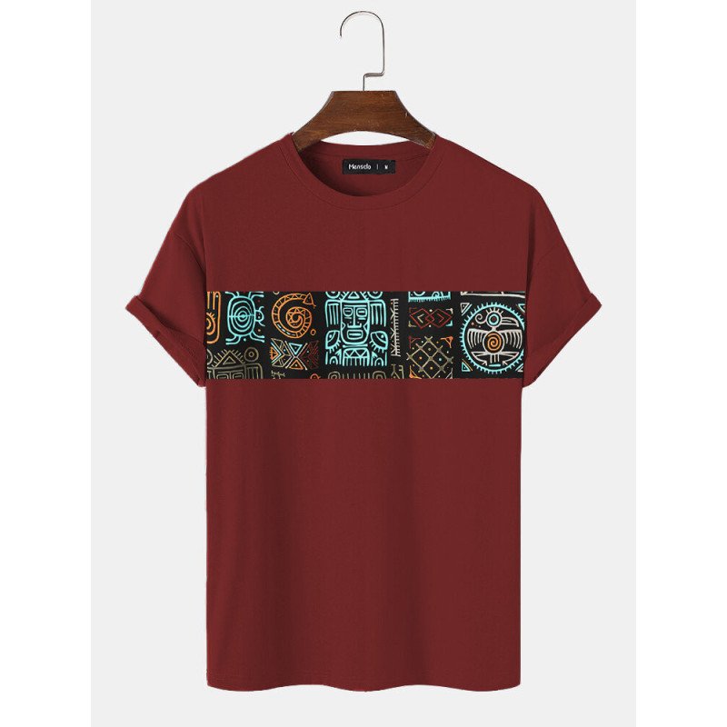 Mens Tribal Pattern Patchwork Crew Neck Short Sleeve T-Shirts