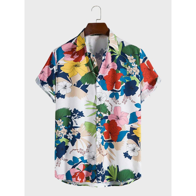 Mens Colorful Floral Plant Print Hawaiian Vacation Short Sleeve Shirts