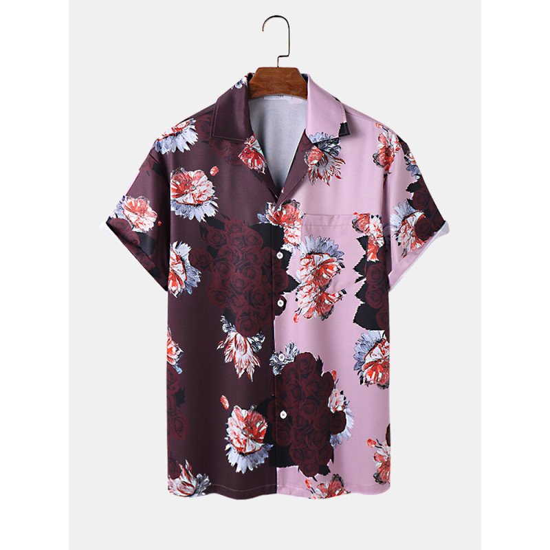 Mens Two Tone Floral Print Revere Collar Short Sleeve Shirts