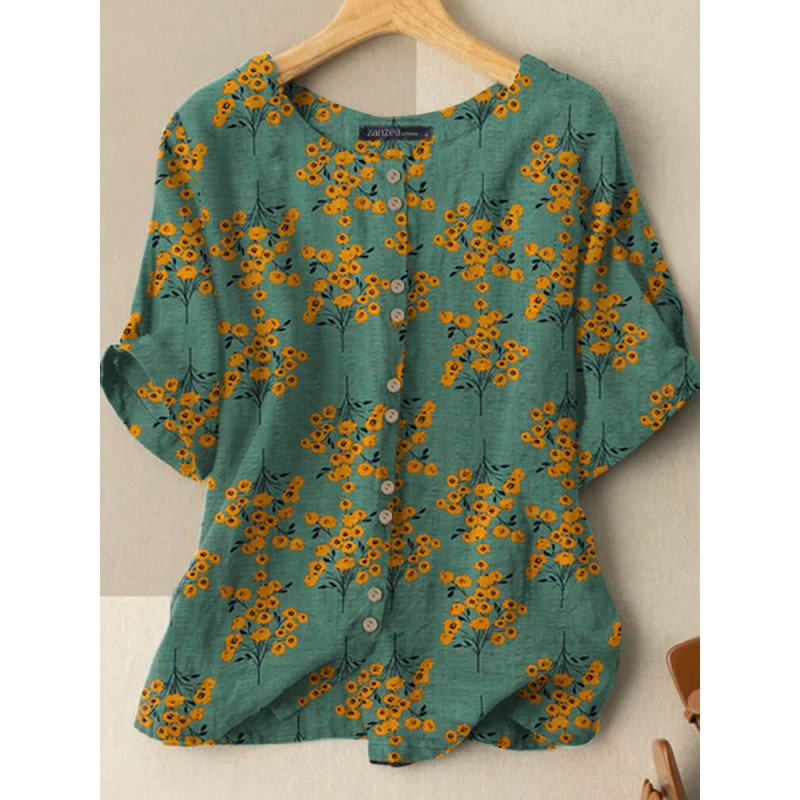 Allover Floral Print Button Front Short Sleeve Blouse