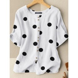 Dot Print Button Front Crew Neck Half Sleeve Blouse