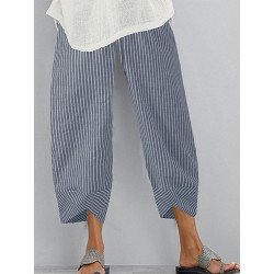 Women Striped Cotton Casual Irregular Cuff Cropped Pants