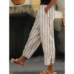 Women Striped Button Cuff Casual Cropped Pants With Pocket