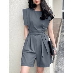 Solid Pocket Sleeveless Crew Neck Romper With Belt