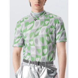 Mens Heart Graphic Half-Collar Short Sleeve T-Shirt