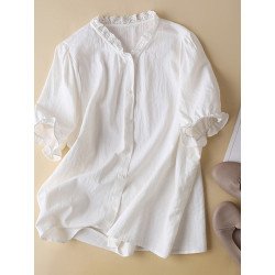 Lace Trim Solid Button Front V-neck Short Sleeve Blouse