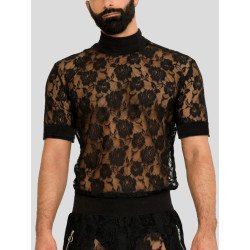 Mens Floral Lace See Through High Neck Short Sleeve T-Shirt