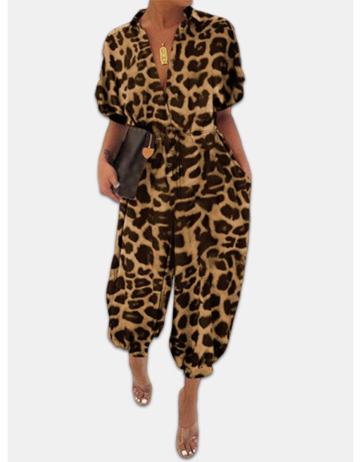 Leopard Print Short Sleeve Belted Plus Size Cargo Jumpsuit