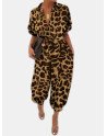Leopard Print Short Sleeve Belted Plus Size Cargo Jumpsuit