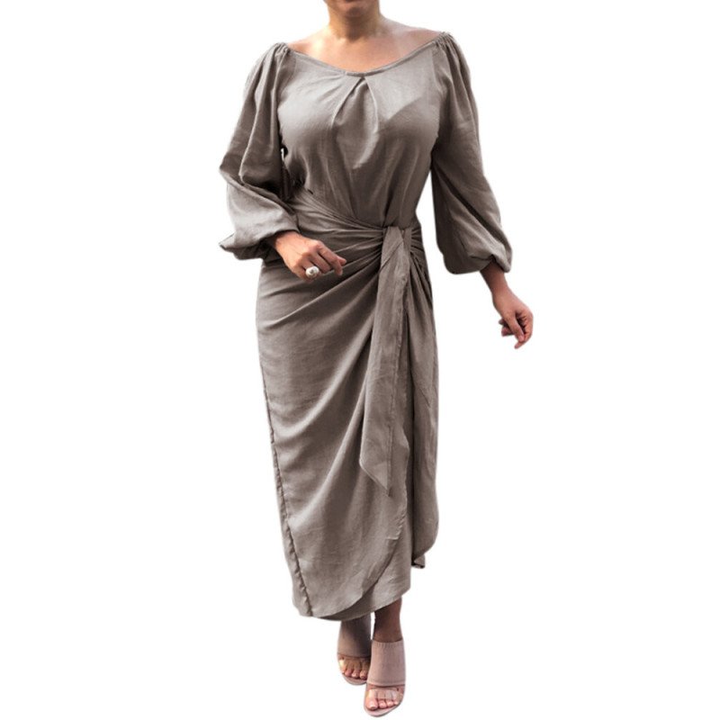 Solid Color Knotted Lantern Long Sleeve Casual Dress For Women