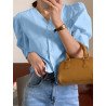 Women Solid Puff Sleeve Button Front V-neck Blouse