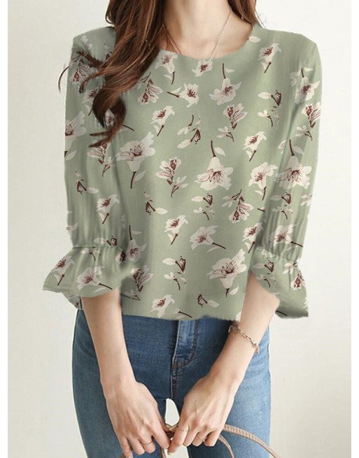Allover Floral Print Ruffle Sleeve Crew Neck Blouse