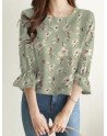 Allover Floral Print Ruffle Sleeve Crew Neck Blouse