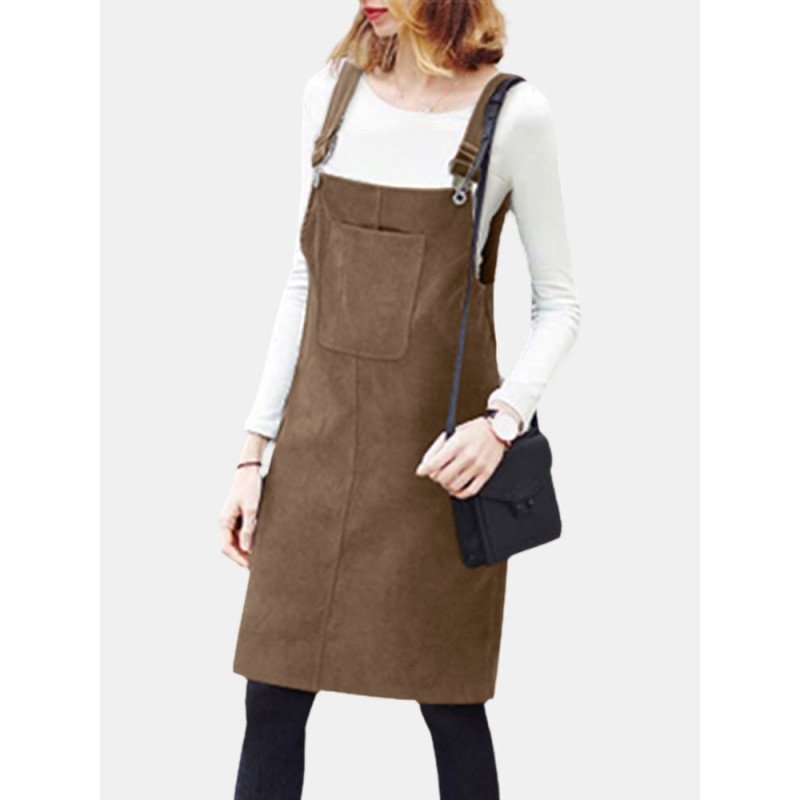Corduroy Solid Pocket Suspender Pocket Sleeveless Skirt