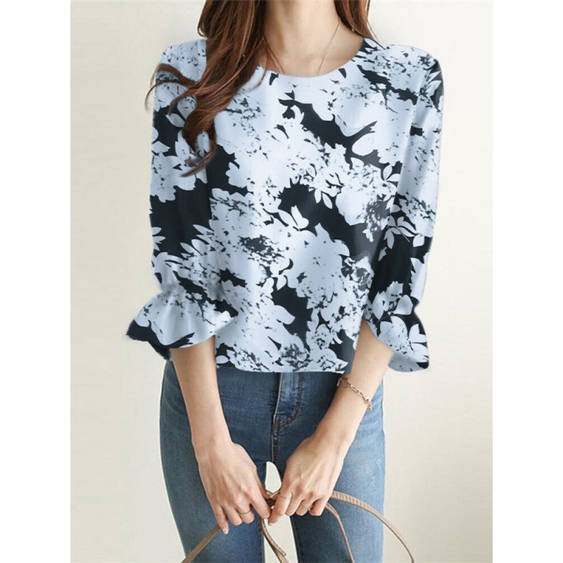 Allover Flower Print Ruffle Sleeve Crew Neck Blouse