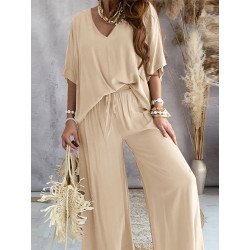 Women Solid V-Neck Wide Leg Pants Casual Co-ords