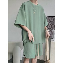 Mens Solid Drop Shoulder Side Split Loose Two Pieces Outfits