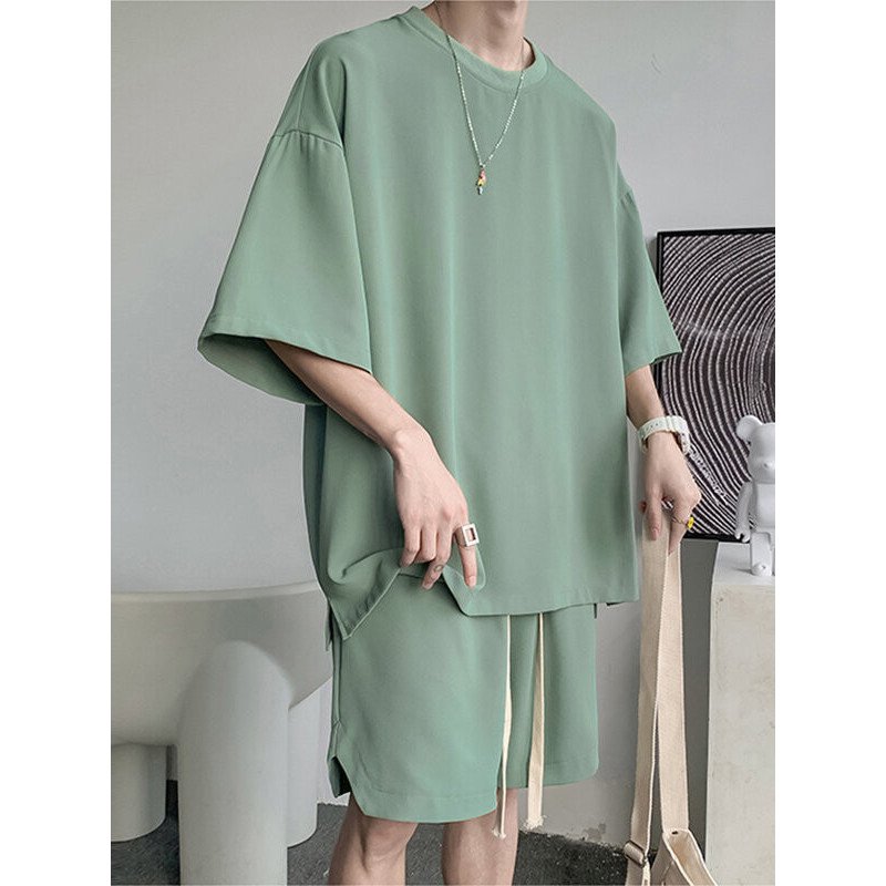Mens Solid Drop Shoulder Side Split Loose Two Pieces Outfits