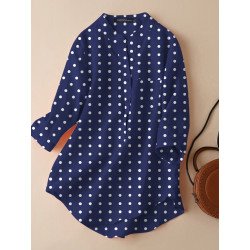 Dot Print Pocket Button Half Placket 3/4 Sleeve Blouse