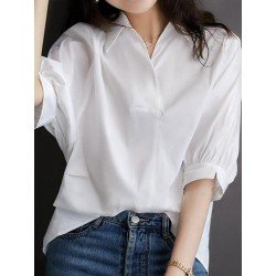 Solid Button Lapel Split Half Sleeve Casual Blouse