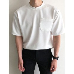Mens Solid Notched Neck Casual Short Sleeve T-Shirt