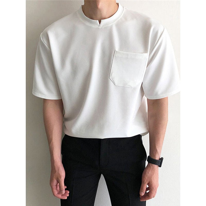 Mens Solid Notched Neck Casual Short Sleeve T-Shirt