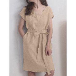 Solid Pocket V-neck Short Sleeve Dress With Belt