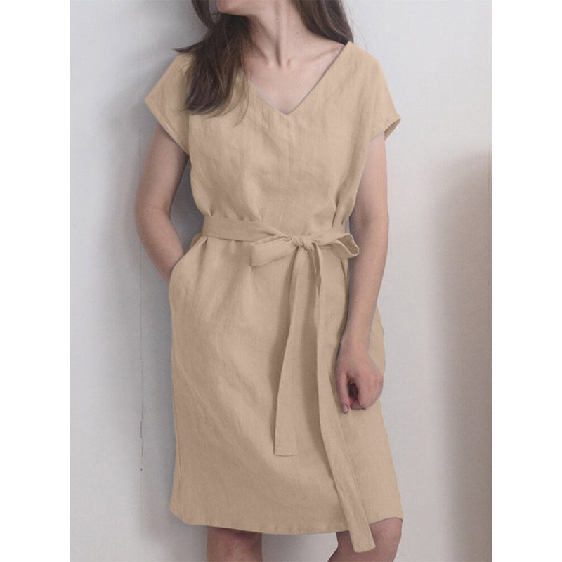 Solid Pocket V-neck Short Sleeve Dress With Belt