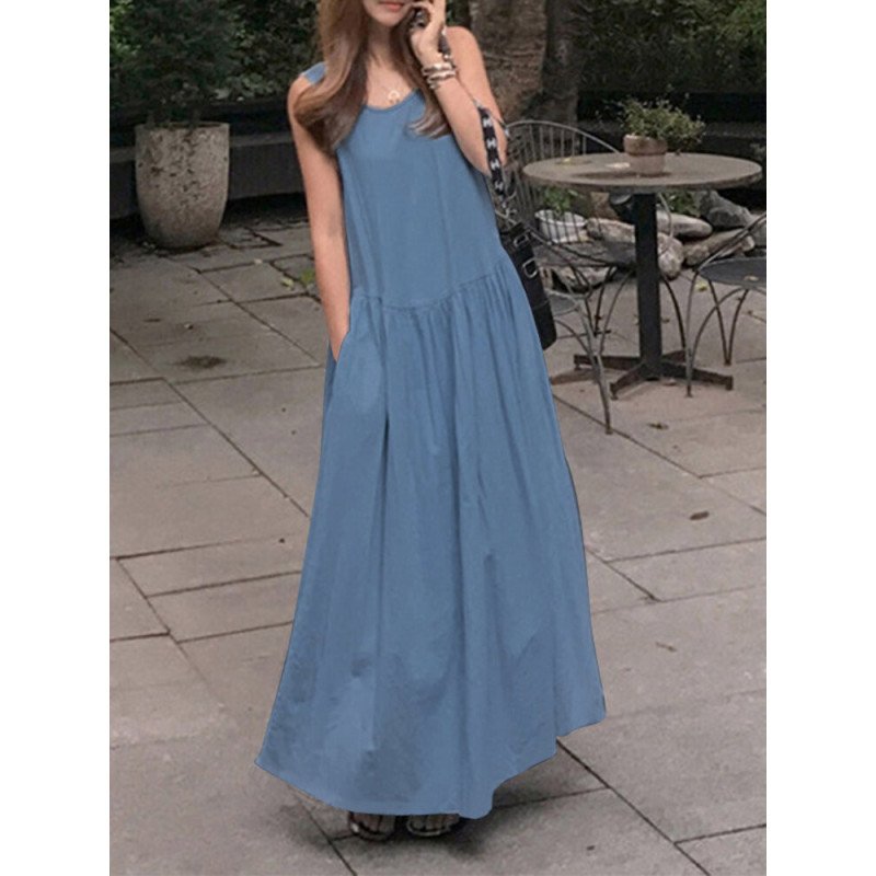 Solid Crew Neck Casual Sleeveless Denim Maxi Dress