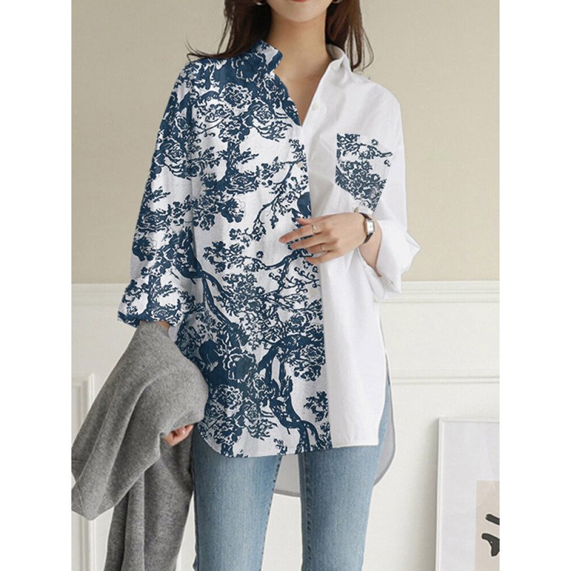 Plants Print Long Sleeve Pocket Loose Button Down Shirt