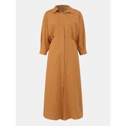 Solid Color Button Knotted Long Sleeve Casual Dress for Women