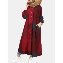 Plaid Print Long Sleeve Plus Size Button Dress with Pocket for Women