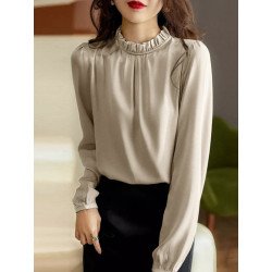 Solid Long Sleeve Ruffle Trim Stand Collar Blouse