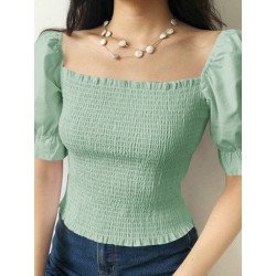 Solid Puff Sleeve Shirred Square Collar Women Blouse