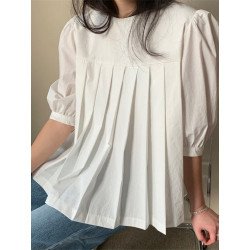 Half Sleeve Pleats Solid Leisure Round Neck Blouse