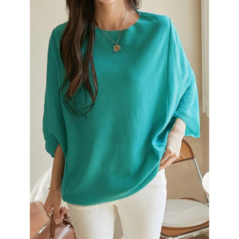 Solid Dolman Sleeve Loose Crew Neck T-shirt